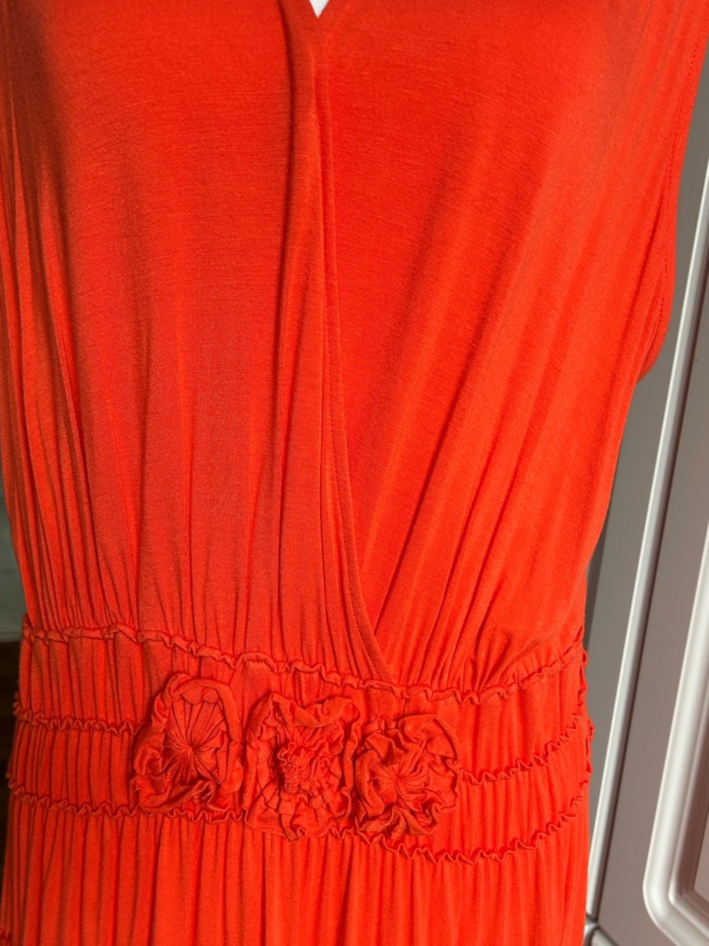 Addition Elle Bright Coral Sleeveless V-Neck Tiered Midi Dress - Picture 2 of 6
